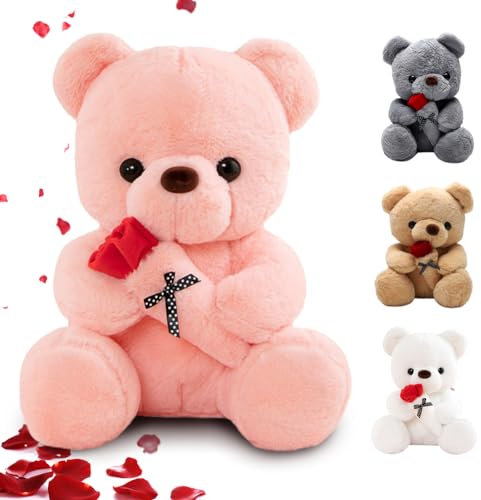 RANJIMA Teddybär Plüschtier mit Rose, süßes Stofftier Spielzeug Kissen Bär Puppe Geschenke für Freundin Frauen Plüschteddy Kuscheltier Schmusetier zum Geburtstag Weihnachten Valentinstag(35cm,Rosa)