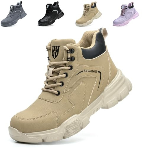 Nasogetch Scarpe Antinfortunistiche Uomo Donna Alte Scarpe da Lavoro Impermeabile Stivali da Lavoro Leggere Comode con Punta in Acciaio 9193 Kaki 36 EU