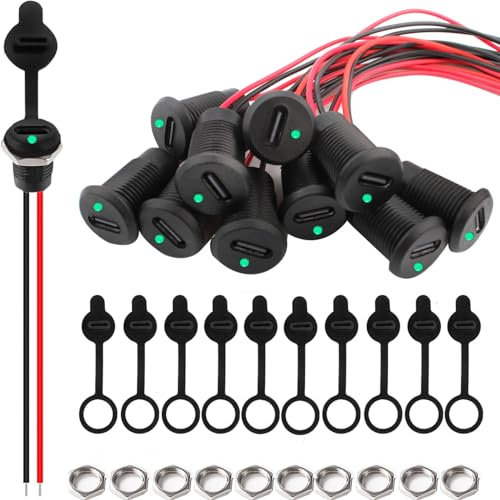 VISSQH 10 PCS USB Type-C Female Chassis,3A 2-pin USB C Soldering Jack with LED light,2 Wire USB C Panel Mount connector,24AWG round Waterproof USB C Pigtail Cable Extension Power Cable(Black)