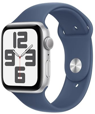 Apple Watch SE de 2.ª generación GPS Smartwatch con Caja de Aluminio en Plata de 44 mm y Correa Deportiva Azul Denim - Talla S/M. Monitores de entreno y sueño y Resistencia al Agua
