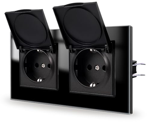 JIMEIDA Enchufe doble empotrado, negro, 16 A, cristal, con tapa impermeable, 157 x 86 mm, 250 V