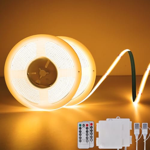 2 Stück COB LED Streifen Batterie, 2M 640 LED Streifen Warmweiß 2700k, Dimmbar Flexible LED Strip Lights mit Fernbedienung 4 Modi Timer für Schlafzimmer, Küche, DIY Beleuchtung Schrank Regale