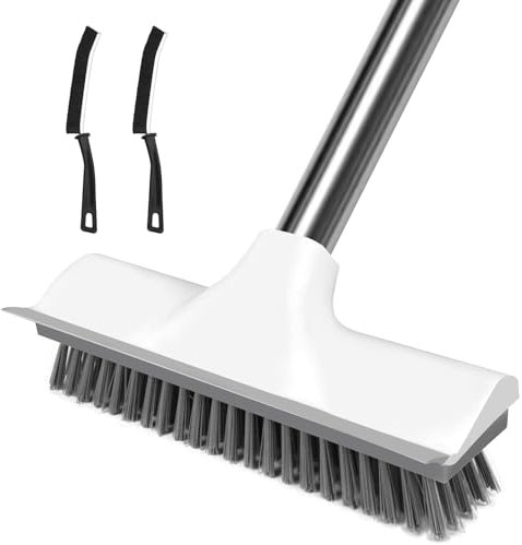 AMFUN Escoba de Empuje 2 en 1, Cepillo de Cerdas Rígidas con Escobilla de Goma, Cepillo de Suelo de Mango Largo Ajustable para Limpiar Baño, Patio, Cocina, Interiores y Exteriores, (con 2 Cepillos)