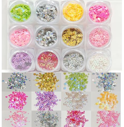 Color Chunky Glitter Flakes,Set of 12PCS for Nail Art Deco,Four-Leaf Clover,Hollow Round,Star Glitter,Heart Glitter,Glitter Sequins for Face Eye Hair Make up,Craft,Festival Sequins,Slime,Tumbler