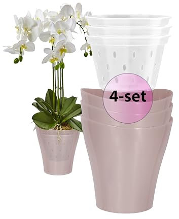 Garten lux Orchideentöpfe Rosa Perlen 4er-Set 2L Ø16 cm mit 4er-Set Orchideen Übertöpfe Drainageloch Kunststoff Transparent 1L Ø14 cm für den Innenbereich