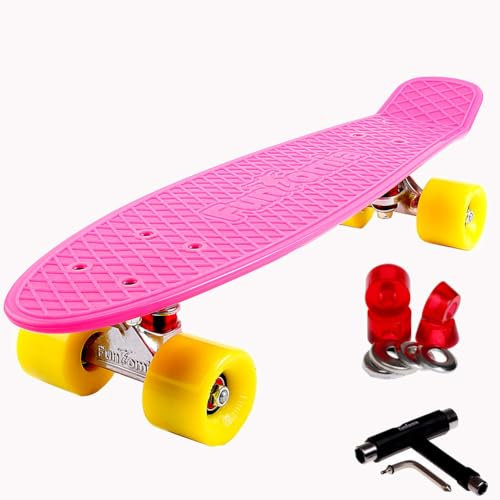 FunTomia Skateboard 57cm Mini-Cruiser Board mit T-Tool, ABEC-9 Kugellager, LED Rollen, Kinder Anfänger (Pink mit gelbe Rollen)
