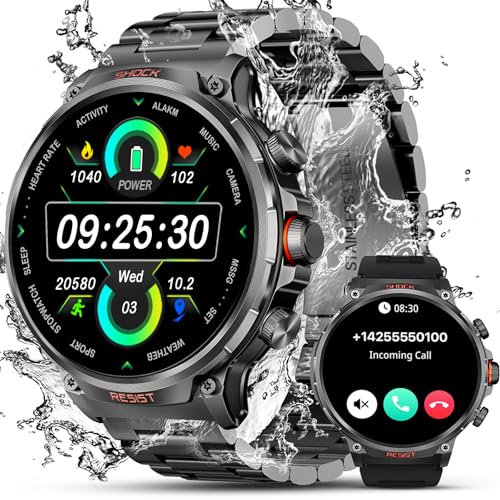 WalkerFit Militär Smartwatch Herren, 1.85 HD Smart Watch mit Telefonfunktion, 710mAh Batterie, wasserdichte Fitnessuhr mit Schlafmonitor, 100+ Sportmodi Sportuhr für Android iOS (Schwarz+Silber)