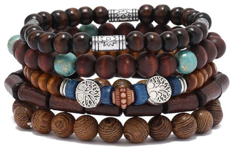 RUICHING 5PCS Boho Beaded Bracelets, Wooden Bead Bracelet, Brown Blue Multi-layer Bracelet Hippy Accessories Gifts for Women Men