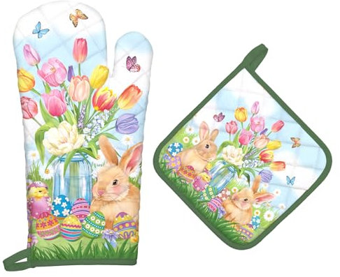 Arquiel Guanti Da Forno Presina Set Di 2, 100% Cotone Addensare Guanti Da Forno A Microonde, Presine Da Cucina Morbida Resistenti Al Calore Per Arrostire, Cuocere(Coniglietto Di Tulipano Pasquale)
