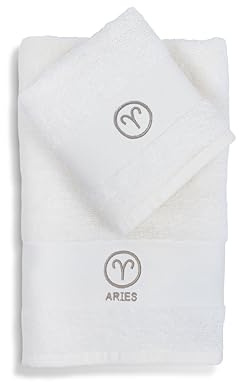 zer0bed Zodiac Handtuch-Set mit Sternzeichen, 2-teiliges Set, Gesichtstuch, Gästehandtuch, 100% Baumwolle, einfarbig mit Stickerei, Widder