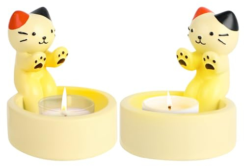 FHISKUNYU Katzen Kerzenhalter 2er Set, Teelichthalter Deko für Wohnzimmer, Schlafzimmer & Tisch - Jahreszeitliche Katzendekoration