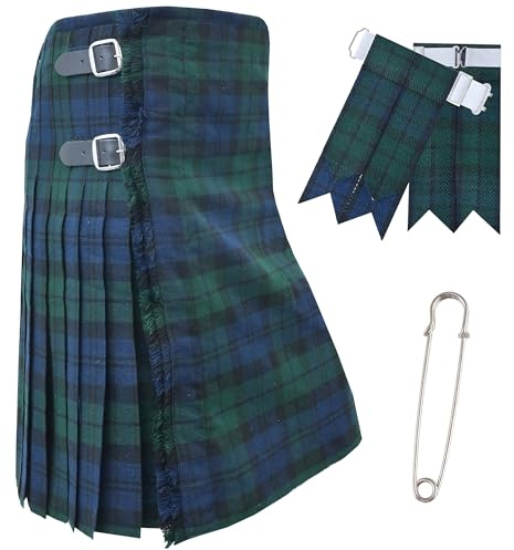 Falda escocesa tradicional escocesa de lana acrílica de 473 ml, hecha a mano con 3 correas de cuero, incluye destellos de falda escocesa y pin de falda escocesa para hombre, Reloj Negro, Belly Button