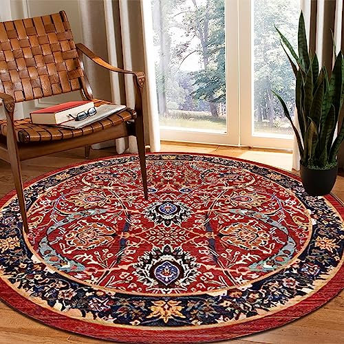 Yaaxinb Teppich Runde für Wohnzimmer Schlafzimmer 110 cm Waschbare rutschfeste Innenmatten Sofa Matte roter Retro-Stil