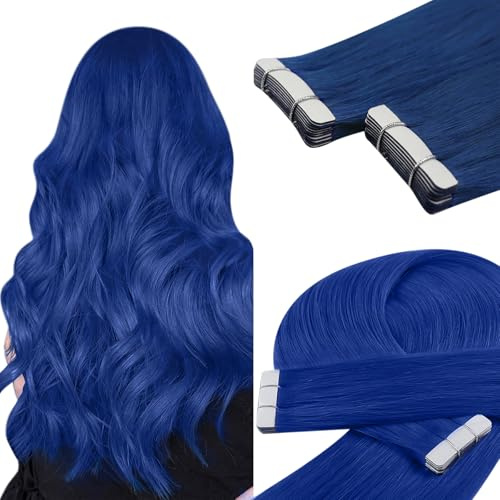 YoungSee Tape in Hair Extensions Blue Human Hair Extensions Tape for Highlight Colored Tape-in Hair Long Straight 24In 20G 10Pcs