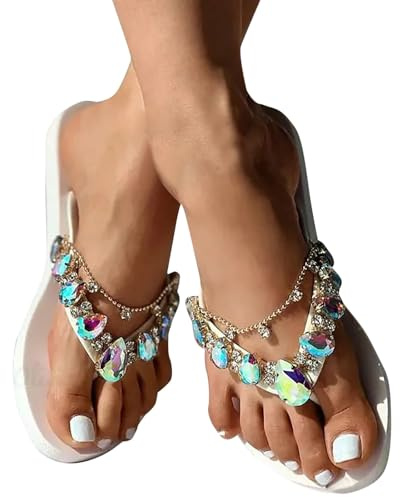 Generisch Reef Flip Flop Damen Glitzer - Für Teenager Fitting Übergrößen Lässige Strasssteine Sandaletten Sommer Sandalen Strass Flach Flip Flops Zehentrenner Pool Meer Strand Outdoor Sommerschuhe