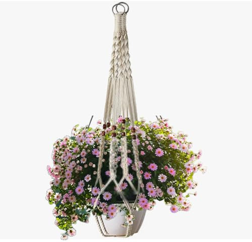 Plant Hangers Boho Decor 35.45(90CM) Hanging Planters Baskets, Macrame Plant Hangers with Wood Beads, Wall Hanging Flower Pot Holder, Cotton Rope Plant Holder for Garden, Office, Home Decor, Beige