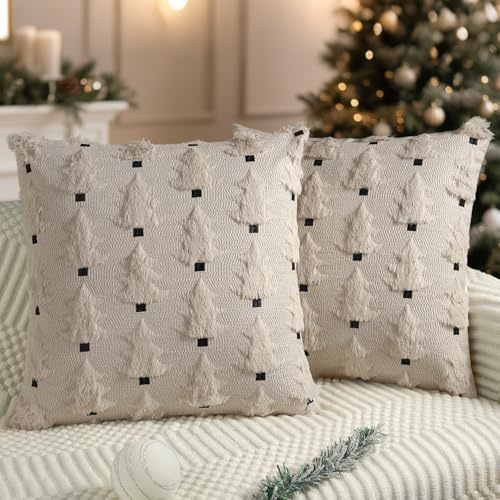 Miaikoe Weihnachtskissenbezüge 50x50 cm Set von 2 weiche Plüsch-Impost-Fell-Weihnachtsbaum-Wurfkissenbezüge für Winterferien-Xmas-Dekoration Beige
