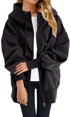 IQYU Veste demi-saison élégante pour femme - Veste de survêtement avec capuche - Grandes tailles - Veste de sport d'hiver en polaire - Sweat surdimensionné - Avec fermeture éclair - Veste à capuche