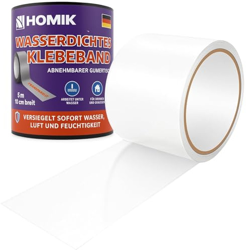HOMIK Cinta Adhesiva Impermeable Blanca Ultra Fuerte 10 cm x 5 m – Cinta de Reparación Impermeable para Superficies Lisas, Cinta de Sellado Resistente al Agua, Resistente a los Rayos UV