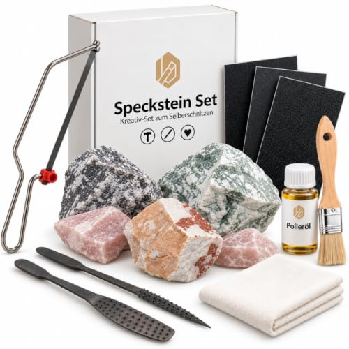 Speckstein Set für Anfänger – Komplettset für Erwachsene mit Werkzeug & Öl | DIY Kreativset zum Basteln mit 1 kg Speckstein-Rohlingen, Säge, Raspeln, Schleifpapier, Polieröl und bebilderter Anleitung.