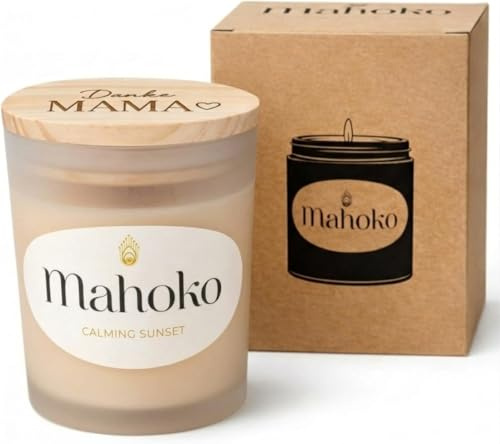 Mahoko Duftkerze Muttertagsgeschenk Danke Mama | Tonkabohne & Sandelholz | Sojawachs Handgemacht | Vegan | Made in Germany | 45h Brenndauer | Kerze im Glas mit Holzdeckel (Weiß, Calming Sunset)