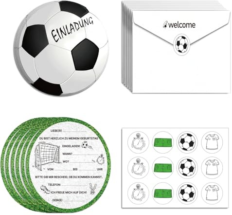 LEMONSTONE 12x Fußball Einladungskarten Kindergeburtstag mit Umschlägen | Aufkleber inklusive, Geburtstagseinladungen für Sportparty, Jungen und Mädchen