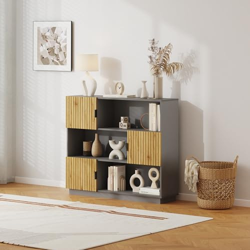 [en.casa] Bücherregal Verhundar offenes Regal Standregal mit 3 Türen Wohnzimmer 102 x 120 x 30 cm Büroregal stehend Bücherschrank Stauraum Grau/Holzfarben