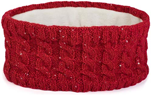 styleBREAKER Damen Strick Stirnband mit Zopfmuster und Pailletten, Fleece Futter, Haarband, Thermo Winter Headband 04026028, Farbe:Rot