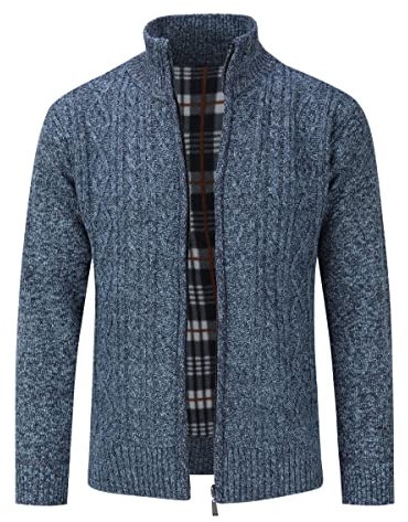 Mens Knitted Cardigan Thick Sweater Full Zip Wool Stand Collar Cardigans Coat Fleece Lined Long Sleeve Cardigan, Blue, M