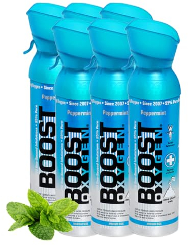 Boost Oxygen - Botella de Oxígeno Portátil - Lata de Oxigeno 95% Puro y Natural - Concentración, Recuperación, Energía, Estado de Ánimo, Mediano - 30L, 6x5L (6x Envases - 600 Inhalaciones) - Menta