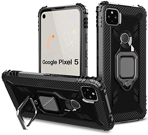 TANYO Hülle für Google Pixel 5, Schutzhülle TPU Silikon Armor Handyhülle mit Ständer, Stoßfeste Silikonhülle mit Bumper, Schwarz