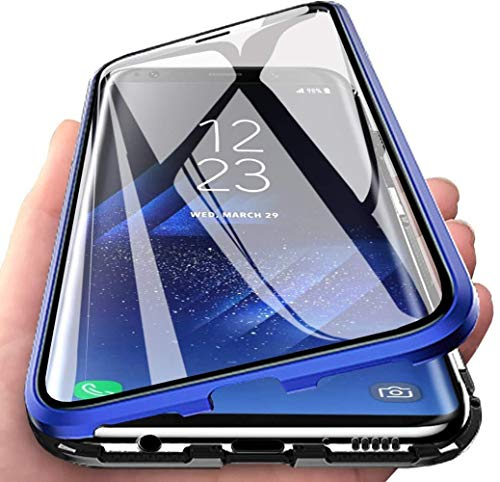 Leton-IT Hülle für OnePlus 8 pro Magnetische Adsorption Handyhülle OnePlus 8 pro Transparent Hartglas 360 Grad Schutzhülle Eingebaut Magnet Metall Stoßstange Flip Case Blau