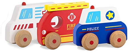 JAMARA Holzspielzeug – Kidiwood Einsatzfahrzeuge, 4-teilig - Fördert die motorischen Fähigkeiten, ab 12 Monate, 3 Fahrzeuge; Polizei, Feuerwehr inkl. Leiter und Krankenwagen