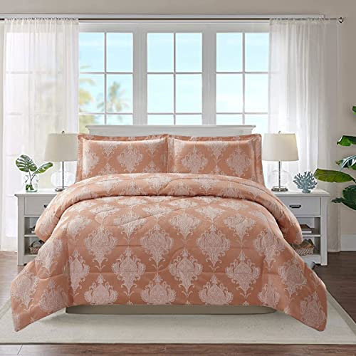 3 Piece Jacquard Comforter Quilted Bedspread Luxury Bed Throw With Two Pillowshams (Rose Gold, Double)
