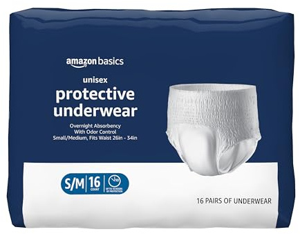 Amazon Basics Unisex Protective Underwear, Overnight Absorbency, Small/Medium, 16 Count