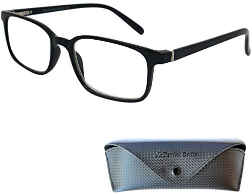 Mini Brille - Lunettes Anti Lumière Bleue Design avec de Verres Rectangles, Etui Lunettes, Monture plastique (Noir) avec Charnière à Ressort, Lunettes de Lecture Homme et Femme +1,5 Dioptrie