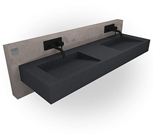 Wandbecken TWG16 aus Mineralguss - 153 x 45 x 15 cm - Farbe wählbar - Edelstahl Untergestell Schwarz matt optional, Farbe:Quarz schwarz, Untergestell:Ohne Untergestell