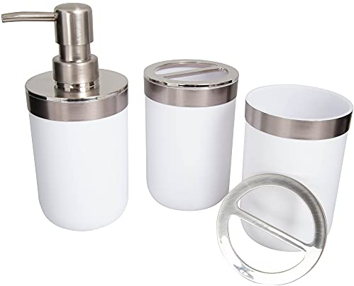 BERILO 3er Set Badezimmer Bad in Edelstahloptik - Seifenspender, 2X Zahnputzbecher - weiß