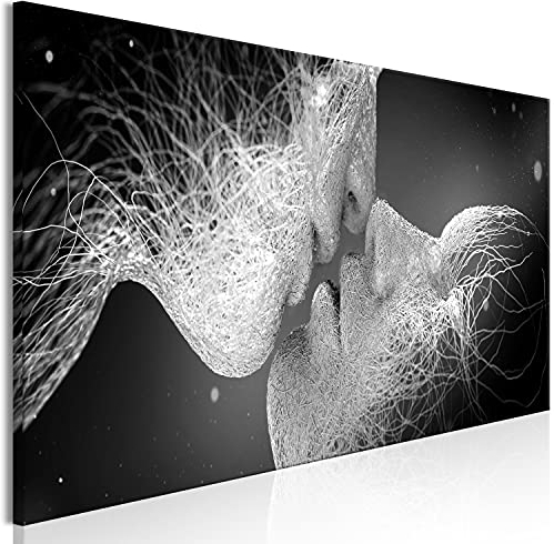 B&D XXL - Wandbilder XXL Abstrakt 120x40 cm 1 tlg - Wand Deko Vlies Leinwand Bilder Groß Wanddeko Wohnzimmer Schlafzimmer Kunstdrucke Panoramabild - Paar Gesichter Liebe Kuss schwarz weiß