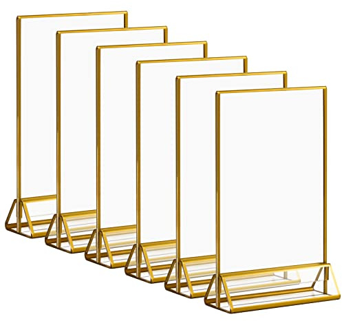 Espositore da Tavolo 12,7x17,8cm, 5x7 Cornici di Immagini Trasparenti con Bordi Dorati e Supporto Verticale, Menu Tavolo a Doppia Facciate per i Numeri da Tavola del Matrimonio, Confezione da 6
