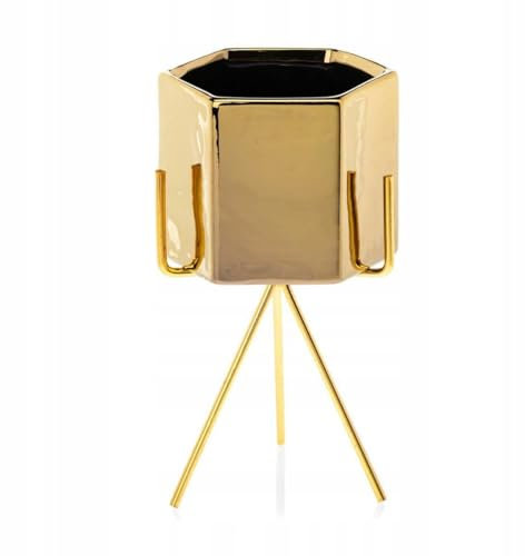 HowHomely Keramik Blumentopf mit Metallständer 20 x 9,5 cm für Wohnzimmer - Deko Blumenübertopf mit Pflanzschale Rund 11 cm Ø Gold Übertopf