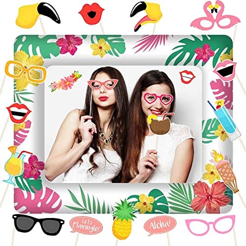 KKSJK Hawaii Aufblasbarer Bilderrahmen mit 21 PCS Foto Requisiten, Flamingo Photo Booth, Bunt Sommer Fotobox Accessoires, Selfie Rahmen für Sommerfest