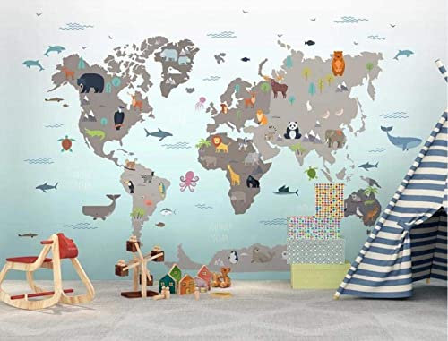 Papier Peint Panoramique Carte Du Monde Des Animaux De Dessin Animé 3D Poster Mural pour Salon Chambre Décoration Murale