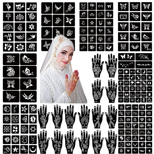 ChurlChurl Henna Tattoo Schablone Kit, 24 Blatt Henna Schablonen Wiederverwendbare Temporäre Tattoo Schablonen für Frauen Mädchen Teens Face Paint Body Art Glitter Tattoo Schablonen