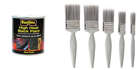 Rustins High Heat Black Paint 500ml and Harris Essentials Walls & Ceilings Paint Brush Set | Pack of 5 | 0.5, 1, 1.5, 2