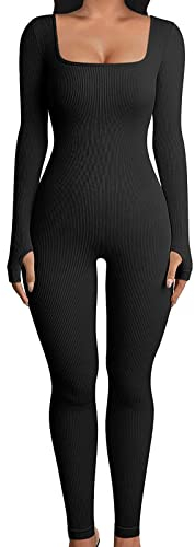 Bellezasourire Damen yoga jumpsuits workout gerippte Strick langarm Workout sport jumpsuits eckigem Ausschnitt figurbetontem Overall einteiligem(L,Schwarz)