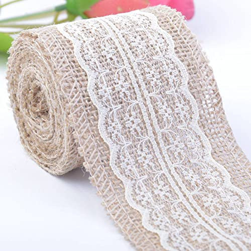 Duories 2m Juteband mit Spitze, Breite 6cm Vintage Spitze Juteband Jutebänder, Natürliche Jute Bänder und Spitze Dekoband für DIY Basteln Hochzeit Geschenkverpackung Weihnachten Deko Hausdeko, Beige