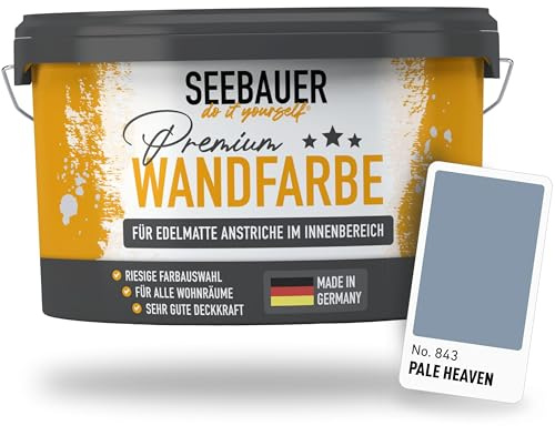 SEEBAUER diy Wandfarbe Blau 2,5L für Innen (No. 843 Pale Heaven) Edelmatte Innenfarbe Blau Lila - Blautöne sehr hohe Deckkraft - Matt, Abwaschbar und Tropffrei