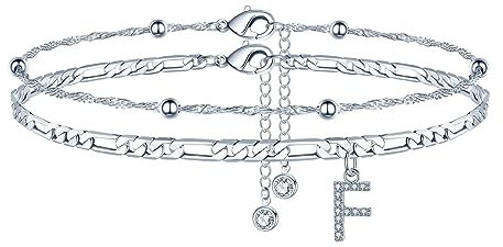 TINGN Fussketten für frauen, Silber Fußkettchen für Damen Fußkette mit CZ Buchstaben F Doppelte Verstellbar Fußketten Frauen Mädchen Tochter Freundin Personalisierte Geschenk