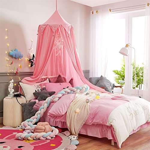Surwin Betthimmel Madchen Jungen Babybett Doppelbett, Moskitonetz Baldachin Kinderzimmer Einzelbett Himmel Schlafzimmer Dekoration Spielzelte Kinder Geschenk, Ohne Bohren - 6 Farben (Dunkelrosa)